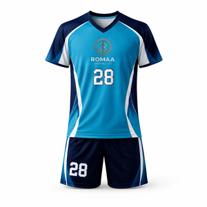 Ensemble maillot et short de football personnalisé Romaa Apparel Co. bleu ciel, marine et blanc, col en V, anti-humidité, unisexe, pour adultes, tenue d'équipe OEM - Product Image 1