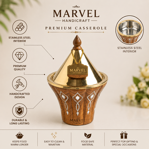 Marvel Handicraft Luxury Wooden Insulated Tagine Casserole with Gold Stainless Steel Lid Premium Hot <b>Food</b> <b>Server</b> Gift Serveware - Product Image 5