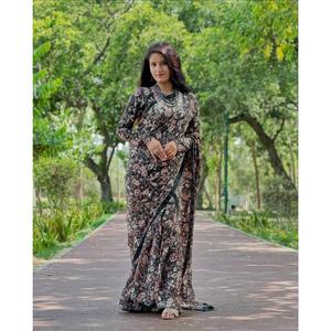 DISEÑADOR GEORGETTE IMPRESIÓN DIGITAL CON ENCAJE DE SATÉN BORDER VESTIDO SAREE NEGRO - Product Image 1