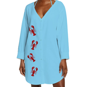 Robe de plage bleu clair avec broderie de sequins rouges, manches longues, longueur mini, col en V, respirante, pour femme, printemps/été - Product Image 1
