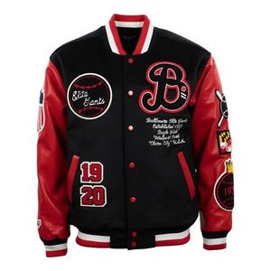 Chaqueta Varsity Negra y Roja para Hombre con Bordado en Toda la Superficie, Estilo Béisbol Vintage, Cuello Camisero - Product Image 1