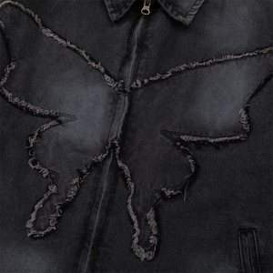 Men's Washed Denim Jacket <b>Turn</b>-Down Collar Zipper Closure Casual Loose Fit Solid Color Frayed Detail Autumn Outerwear - Product Image 3