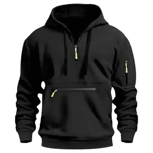 Men's <b>White</b> Hooded <b>Quarter</b> <b>Zip</b> Fleece Lined Front Logo Sweatshirt Regular Fit Solid Color Casual Knitted Pocket Design Winter - Product Image 6