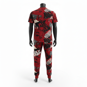 Ensemble de survêtement premium rouge en coton et polyester, t-shirt et pantalon imprimés sur toute la surface, logo personnalisé, pour homme - Product Image 5