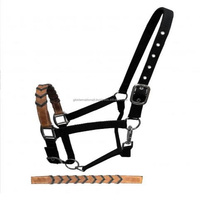 Dos de cheval en nylon noir avec cuir de vache argentin nez d'accent tressé réglable triple pli sangle en nylon licou de cheval en nylon