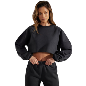 Women's Custom <b>Cropped</b> Hooded Winter Sweatshirt 3D Embroidery Front Solid Color Long Sleeve Oversized Fleece 100% Cotton Casual - Product Image 2