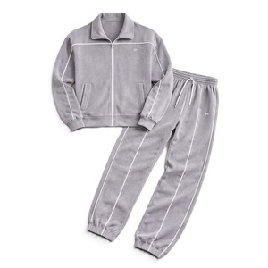 Conjuntos de sudadera con capucha y pantalones de chándal de terciopelo gris para hombre, personalizados con cremallera, ropa casual urbana y deportiva, proveedor de marca privada - Product Image 3