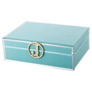 Caja de Almacenamiento de Joyas de Vidrio Turquesa con Cierre Geométrico Dorado, Acabado Brillante, Forro Suave, Organizador Decorativo para Recuerdos - Product Image 1