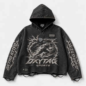 Premium Custom Acid Wash Heavyweight Rhinestone Studded <b>Grunge</b> Streetwear Distressed Raw Hem Vintage Graphic Unisex <b>Hoodie</b> - Product Image 4