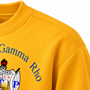 Sudadera de Cuello Redondo Amarillo Dorado de Sigma Gamma Rho con Gráfico del Escudo de la Hermandad y Letras Azules, Sudadera Informal - Product Image 6