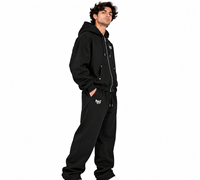 Ensemble de survêtement sportif oversize noir pour homme, avec sweat à capuche zippé à poches et clous décoratifs, en coton épais, personnalisable, vente en gros