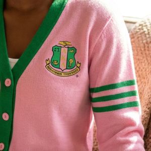 Pink Varsity <b>Cardigan</b> <b>Sweater</b> with Green Trim Button Front Long Sleeve Knit Pullover Casual Fashion <b>Sweater</b> for Women - Product Image 3