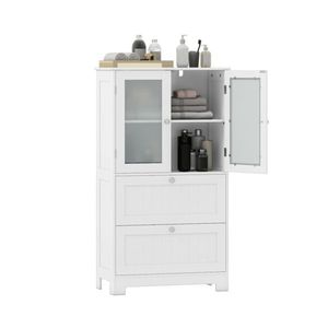Mobiletto da terra regolabile con 2 cassetti e anta in vetro temperato satinato, credenza per soggiorno - Product Image 2