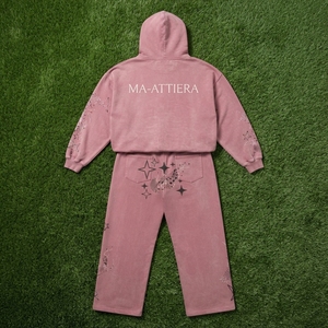 Ensemble survêtement personnalisé pour femme, sweat à capuche rose surdimensionné avec strass et pantalon de survêtement large, OEM ODM Vente en gros - Product Image 6