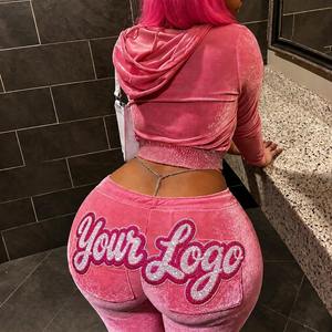 <b>Women's</b> Velour Streetwear Skinny Fit <b>Tracksuit</b> Set Solid Stretch Hoodie Pants Rhinestone Detail Private Label Wholesale Low MOQ - Product Image 4