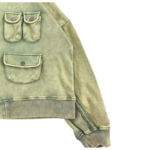 Sweats à capuche vert pour homme, multi-poches, fermeture éclair, style streetwear tactique, coupe ample, effet vintage, coton premium. - Product Image 3
