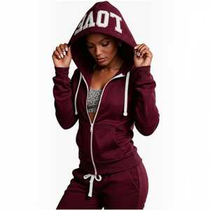 OEM/ODM Women's Solid <b>Hooded</b> <b>Zip</b>-Up Jogging Sets with Custom Embroidery White Letter Drawstring Pockets 100% Cotton Anti-shrink - Product Image 1