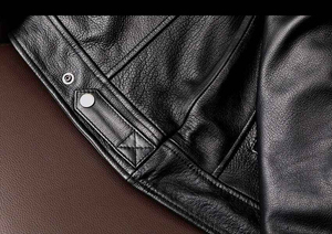 Men's <b>Black</b> Genuine Leather Moto <b>Jacket</b> Stand Collar Zipper Closure Regular Fit Solid Color Autumn Wear - Product Image 4