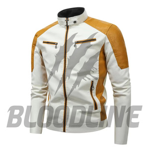 BLOODLINE Men's Black <b>White</b> PU Leather Moto Biker <b>Jacket</b> Slim Fit Zipper Closure Stand Collar Autumn Wear - Product Image 3