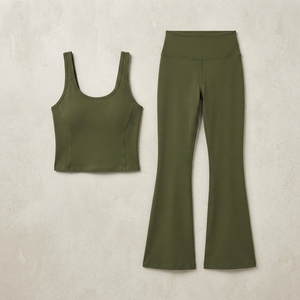 Women Olive Green <b>Flare</b> <b>Leggings</b> Yoga Set Sleeveless Crop Tank Top High Waist <b>Gym</b> Fitness Workout Activewear Two Piece Set - Product Image 5