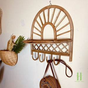 Eco-Friendly Wicker Rattan <b>Wall</b> Shelf with Hooks, Handcrafted <b>Hanging</b> Rack for Keys, Hats, Bags, Kitchen and Bathroom Storage - Product Image 4