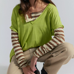 Wholesale Women's V Neck <b>Short</b> Sleeve T-Shirt Solid Color Casual Loose Fit Knitted Top Green Women Plus Size Distressed T-Shirt - Product Image 4