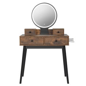 Rustic Brown and Black Makeup Vanities Set 4 Drawers Vanity <b>Table</b> with Cushioned Stool and Touch Screen Lighted <b>Mirror</b> - Product Image 2