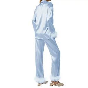 High Quality Customized Women's Sleep Dress Luxury Sleepwear Satin Silk Pajamas Designer Ostrich <b>Feather</b> <b>Cuffs</b> Women Pajamas Set - Product Image 3