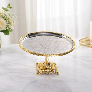 Luxury <b>Gold</b> <b>Cake</b> Stand with Silver Finished Designer <b>Top</b> Ideal for Gifting Weddings Birthdays Events And Premium Dessert Display - Product Image 1