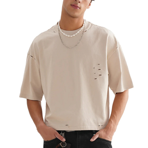 เสื้อยืดผู้ชายทรงครอปบ็อกซี่ฟิต ผ้าคอตตอน 100% หนัก 290GSM สีพื้น ปักโลโก้ได้ตามสั่ง แบบขาดรุ่ย สไตล์ฮิปฮอป - Product Image 1