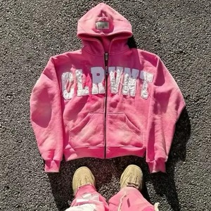 Ensemble sweat à capuche zippé et survêtement épais délavé à l'acide, avec patch brodé vieilli, style streetwear vintage pour homme - Product Image 2