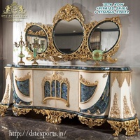 Console en bois de teck doré avec miroir, Design victorien, sculpté à la main, Style européen