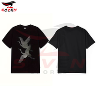 T-shirt en coton noir pour homme, motif grue volante vintage, strass thermocollés, coupe oversize, style streetwear