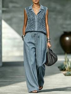 Conjunto de 2 Piezas de Punto para Mujer, Top Polo sin Mangas con Estampado de Leopardo y Pantalones Anchos - Product Image 5
