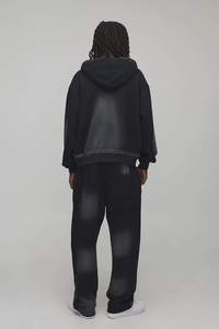 <b>Men</b> <b>Black</b> Hooded Tracksuit Set Full Length Loose Fit Streetwear Style With Rhinestone Detailing Gradient Color Autumn Wear - Product Image 2