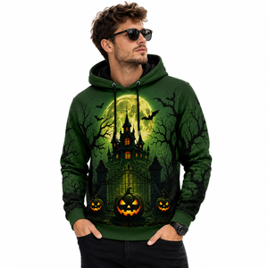 Sudadera con Capucha Personalizada Verde de Halloween con Diseño de Castillo Encantado y Calabaza, Unisex, Sublimada, Estilo Gótico, de Poliéster, Ropa Urbana - Product Image 2