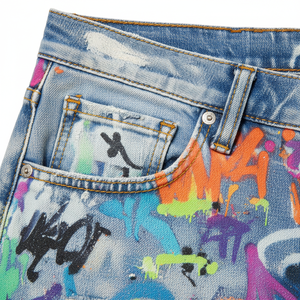 Jeans de Mezclilla para Hombre, Cintura Alta, Corte Recto, con Estampado de Grafiti, Lavado Desgastado, Estilo Urbano, Cierre de Botones, para Verano - Product Image 4