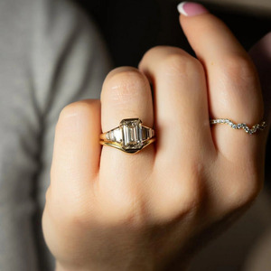 2CT Emerald Cut Lab Grown Diamond Half Bezel Set <b>Ring</b> Baguette Cut Pave Band <b>Ring</b> 14K Gold Engagement <b>Ring</b> Retro Bridal Jewelry - Product Image 2