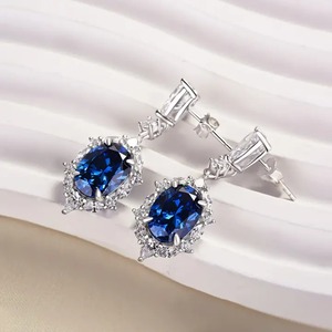 925 Moissanite Luxurious Halo Oval Cut Blue Sapphire Women's <b>Earrings</b> In Sterling Silver 18K White Gold Plated <b>Fine</b> <b>Earrings</b> - Product Image 6