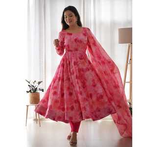 ENSEMBLE COSTUME ANARKALI ORGANZA DOUX PURE AVEC DKB-28 ENTIÈREMENT COUDU - Product Image 6