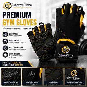 Ganvox Global Premium Mesh Customizable Unisex Weight Lifting Gym Gloves Black Yellow <b>Half</b> Finger Breathable Anti <b>Slip</b> Wrist - Product Image 2