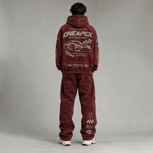 Men's Oversized Burgundy Acid Wash Hoodie Tracksuit <b>Sets</b> Heavyweight Streetwear Cotton <b>Jogger</b> <b>Matching</b> Sweat Suit Custom Apparel - Product Image 2