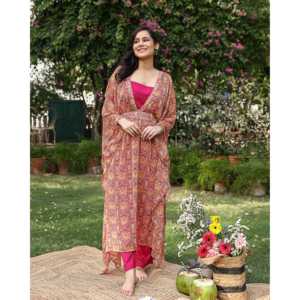 Conjunto de Kaftán Bohemio de Gasa Rosa Brillante, Talla XS, Mangas Tres Cuartos, Cuello en V, Estampado Floral, Adornado con Cuentas y Lentejuelas, Transpirable - Product Image 2