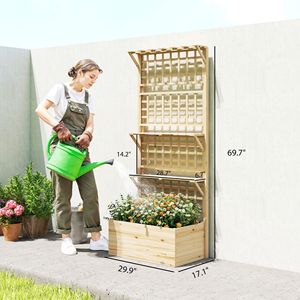 Fioriera Rialzata in Legno Naturale con Tetto a Traliccio, 2 Ripiani, Foro di Drenaggio e Rivestimento per Recinzioni e Cancelli a Traliccio - Product Image 3