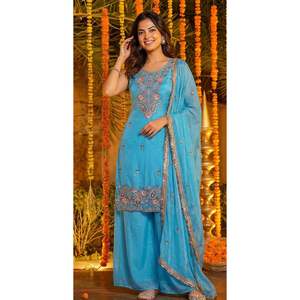 Elegante Conjunto de Vestido Palazzo de Seda Fendi para Mujer con Kurti Bordado con Cuentas y Lentejuelas, Dupatta a Juego y Completamente Cosido - Product Image 1