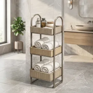 3 Tier Durable Wood Storage Cart with Beige <b>Baskets</b> for Bathroom Towel and Toiletry Organization & Hotel Use Bathroom Furniture - Product Image 6
