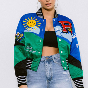 Varsity <b>Jacket</b> <b>Women</b> Cartoon Print Blue Green Patch Design Turn-down Collar Full Sleeve Short Length <b>Spring</b> Wear - Product Image 1