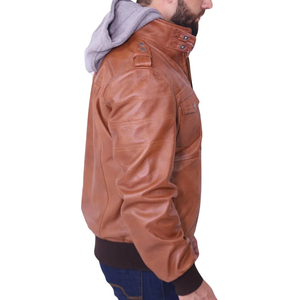 Blouson moto d'hiver pour homme en cuir d'agneau véritable marron, style décontracté, avec fermeture éclair gaufrée, imperméable, à capuche, tissu ODM - Product Image 6
