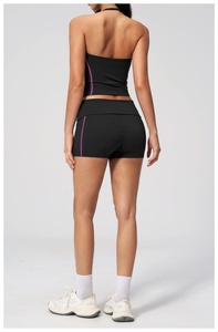 Black 2 Piece Yoga Set Halter <b>Crop</b> <b>Top</b> High Waist Shorts Contrast Stitch Seamless Quick Dry Spandex Polyester - Product Image 5