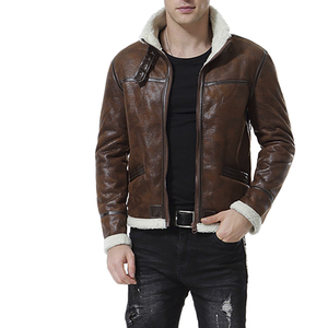 <b>Men's</b> Brown <b>Leather</b> Moto <b>Jacket</b> Stand Collar Zip Front Flap Pockets Regular Sleeve Winter Style Windproof Eco-Friendly - Product Image 1